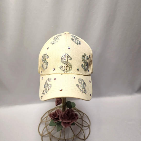 Aroura Borealis Rhinestone Dollar Sign Beige Baseball Cap - Picture 10 of 14
